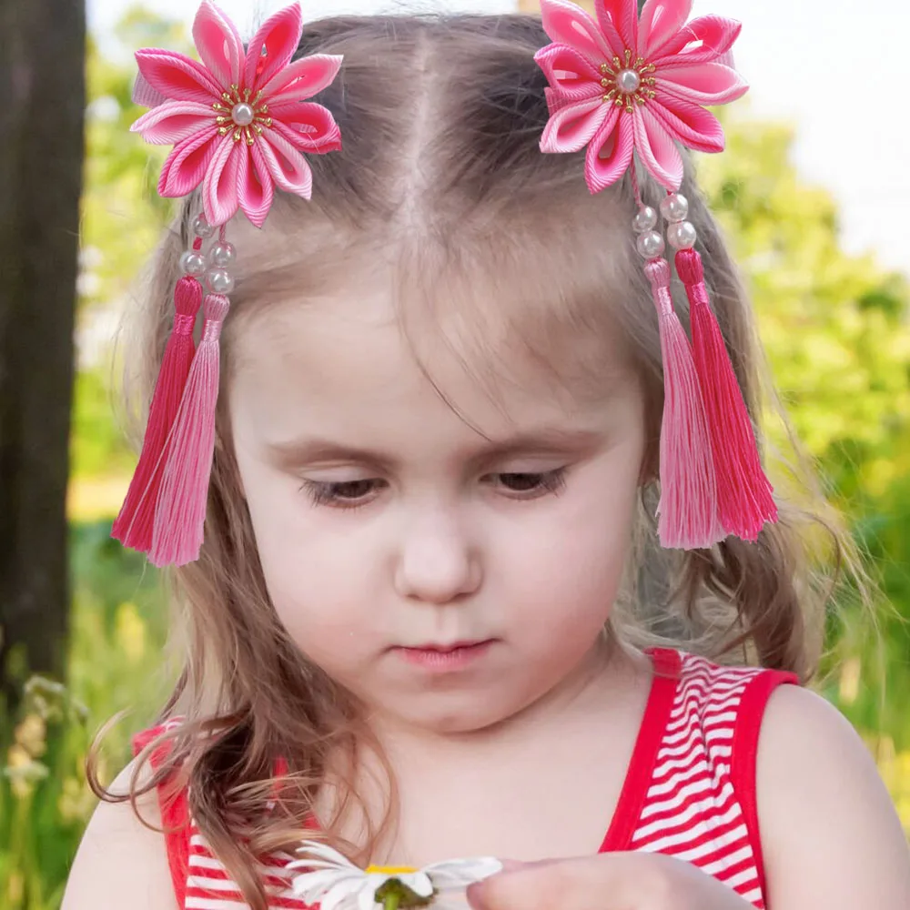 cute flower long streamers hair clips kids hanfu gorgeous kanzashi hair accessories girls tassels hair clip