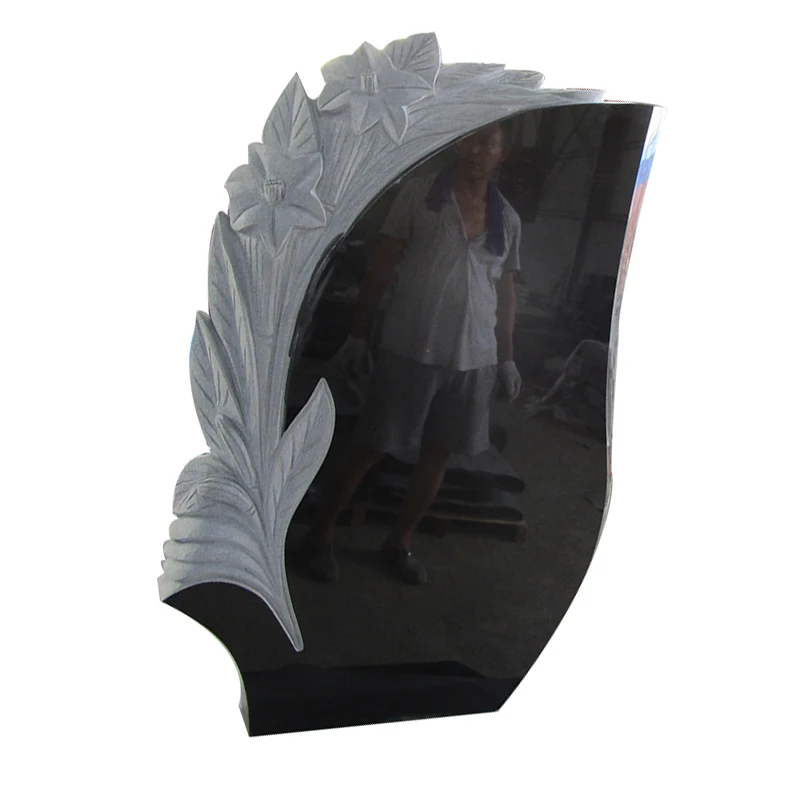 Tear Drop Carved Flower Shanxi Black Granite Headstone For Gravestone