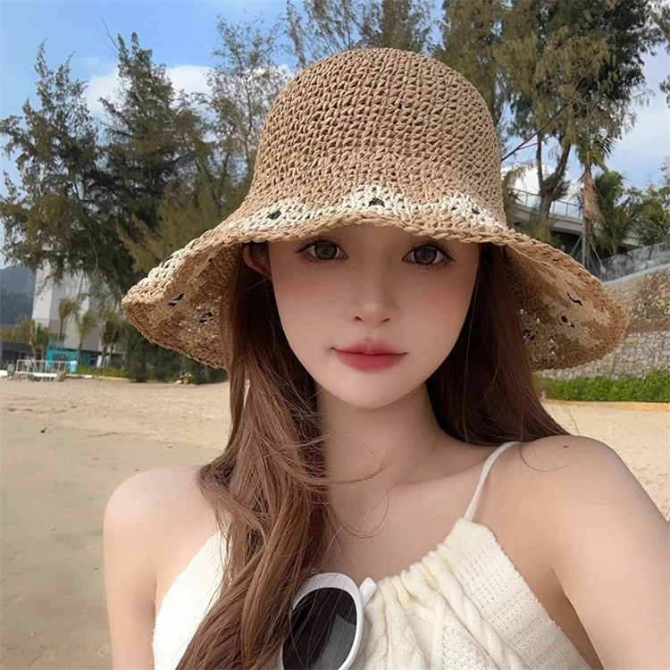 Simple Girl Wide Brim Floppy Summer Hats for Women Beach Panama Straw Weave Bucket Hat Femme Sun Shade Hat