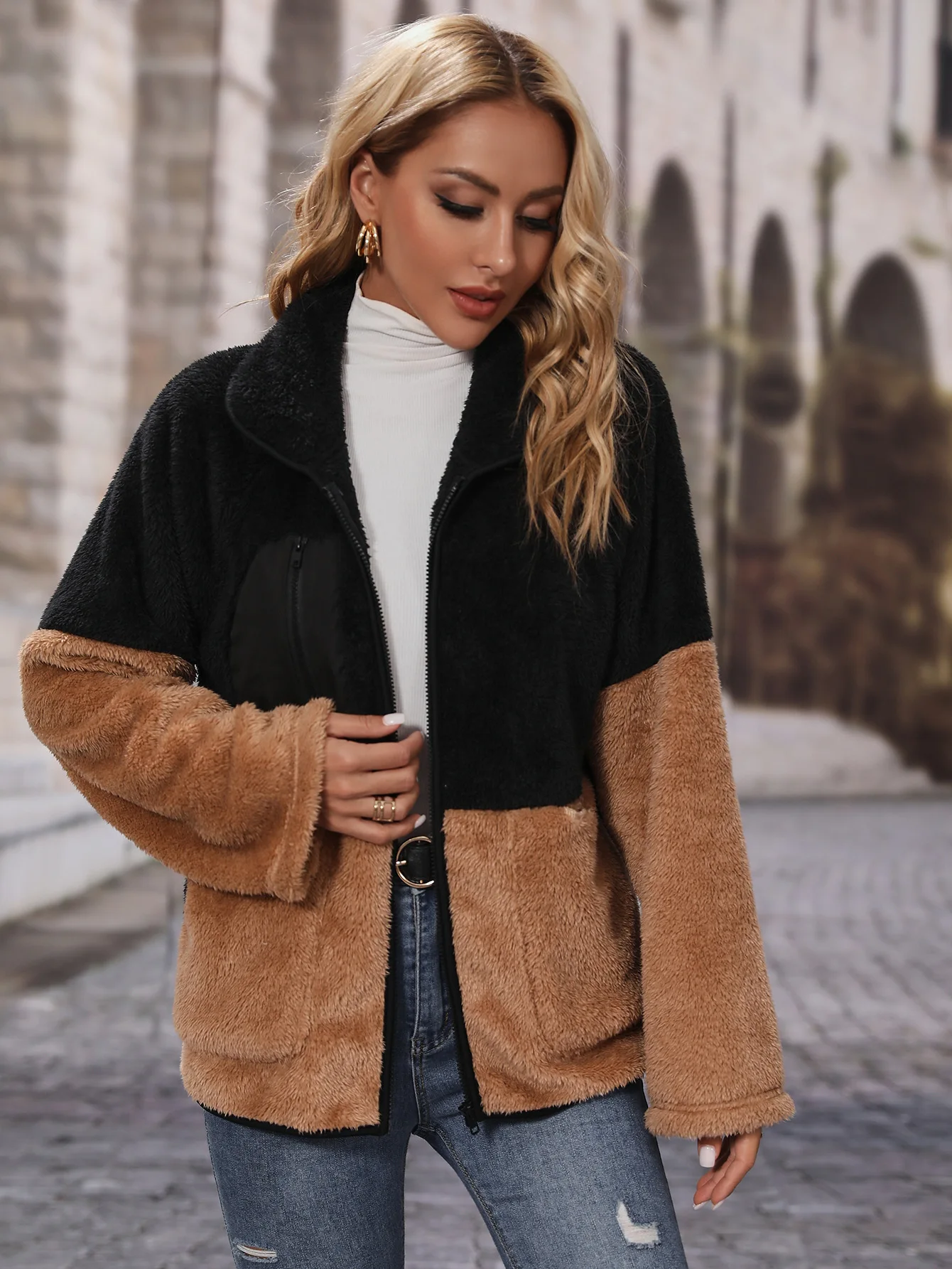 OEM ODM Custom Logo Wholesale New Winter Women  Streetwear Neon Pink Contrast Trimmed Leopard Long Sleeve Shacket Jacket Coat