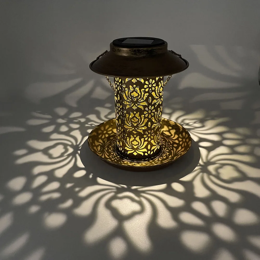 Metal craft with Solar light Garden Lantern flower hollow out decoration gold color bird feeding apparatus feeder ware lamp