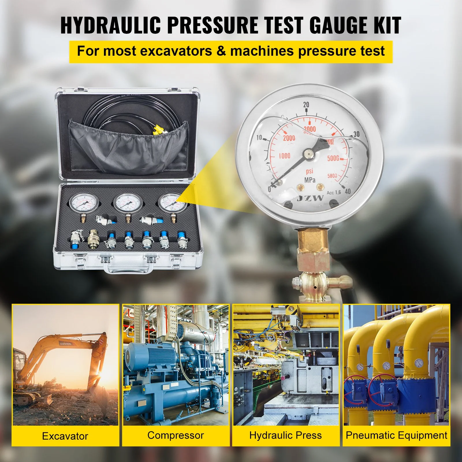TKS/JZW Portable Excavator Pressure Test Kit Hydraulic Pressure Gauge for Construction Works