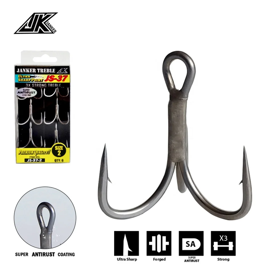 JK High Quality Mustad Wholesale Hardness Sea Fishing Freshwater Saltwater Lure Stainless Steel 3X Treble Hooks