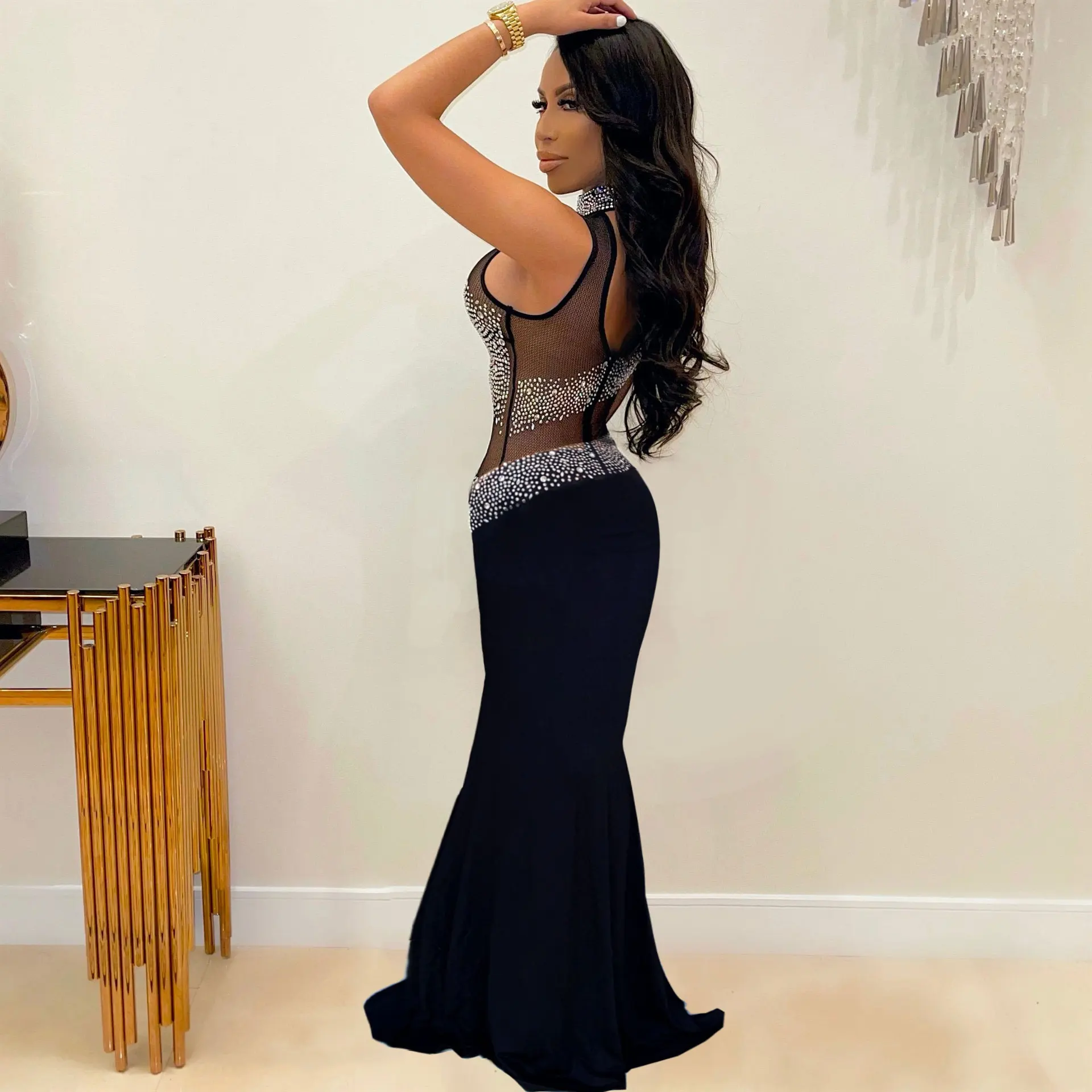 W81024 sexy fashion rhinestone plus size long elegant dresses women party evening gown