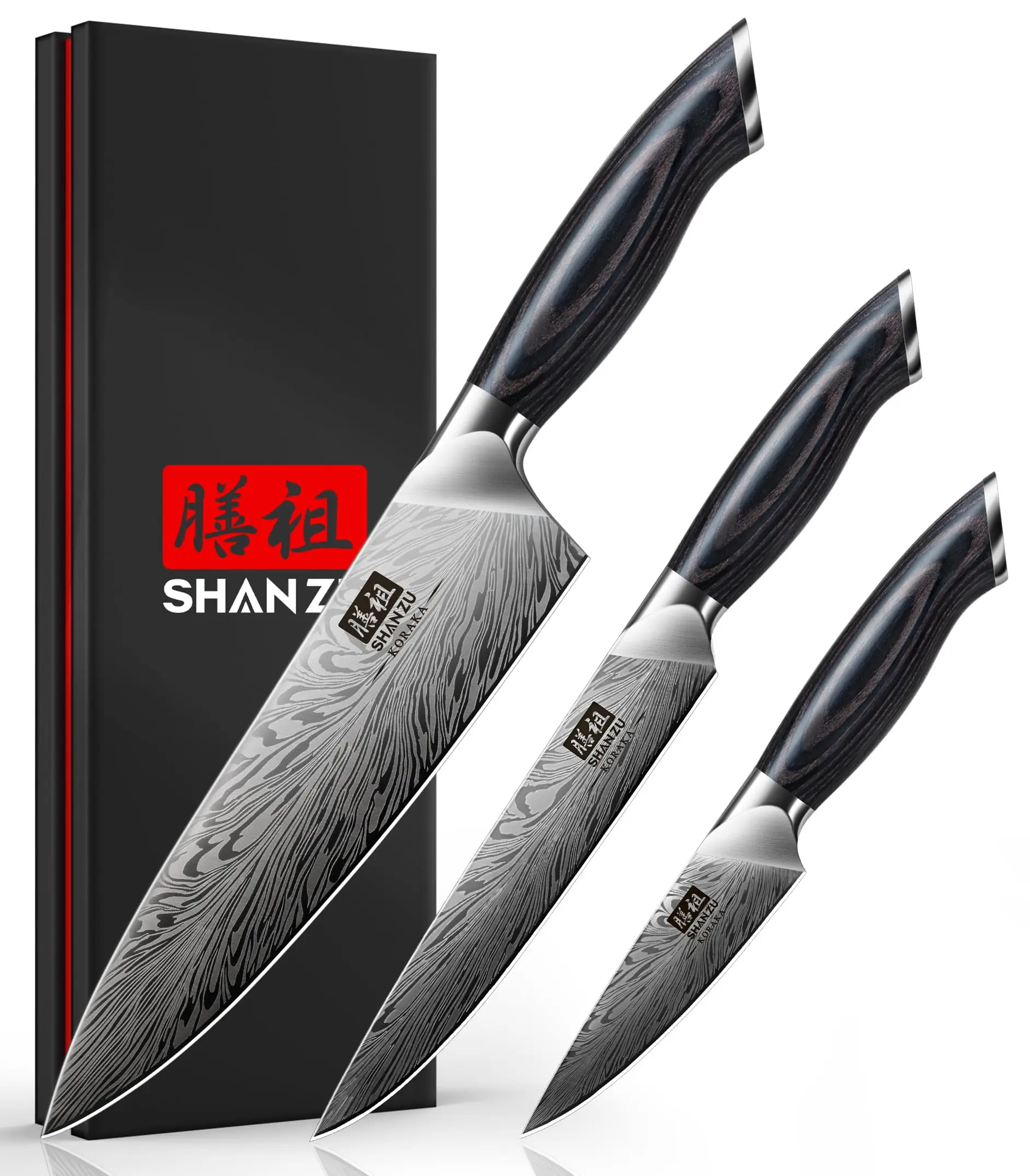 SHAN ZU 3PCS Kitchen Knife Set in Powder Steel Ultra Sharp Japanese Chef Knives Set High Carbon Steel Knives Sets
