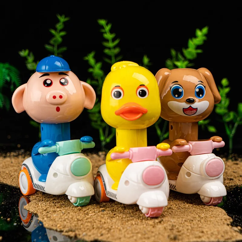 Cartoon motorcycle pressing small yellow duck sprouting Tiger pull back car boy child toy car inertia car dog toy