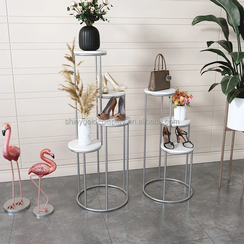 Modern store mall wooden or marble top metal frame gold shelf shoes show rack bag display stand