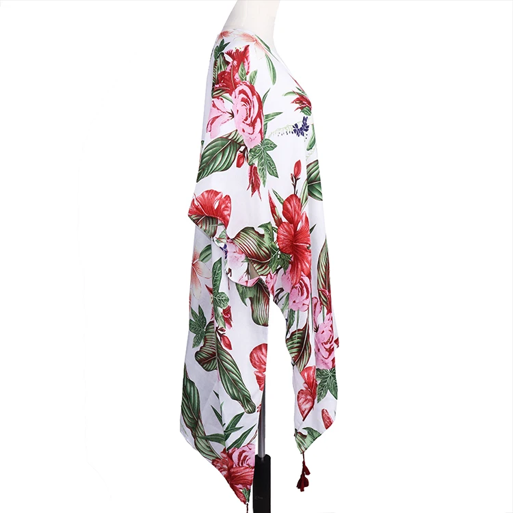 Oversized floral ruana with tassel female flower print spring kimono women polyester print blouse kimono
