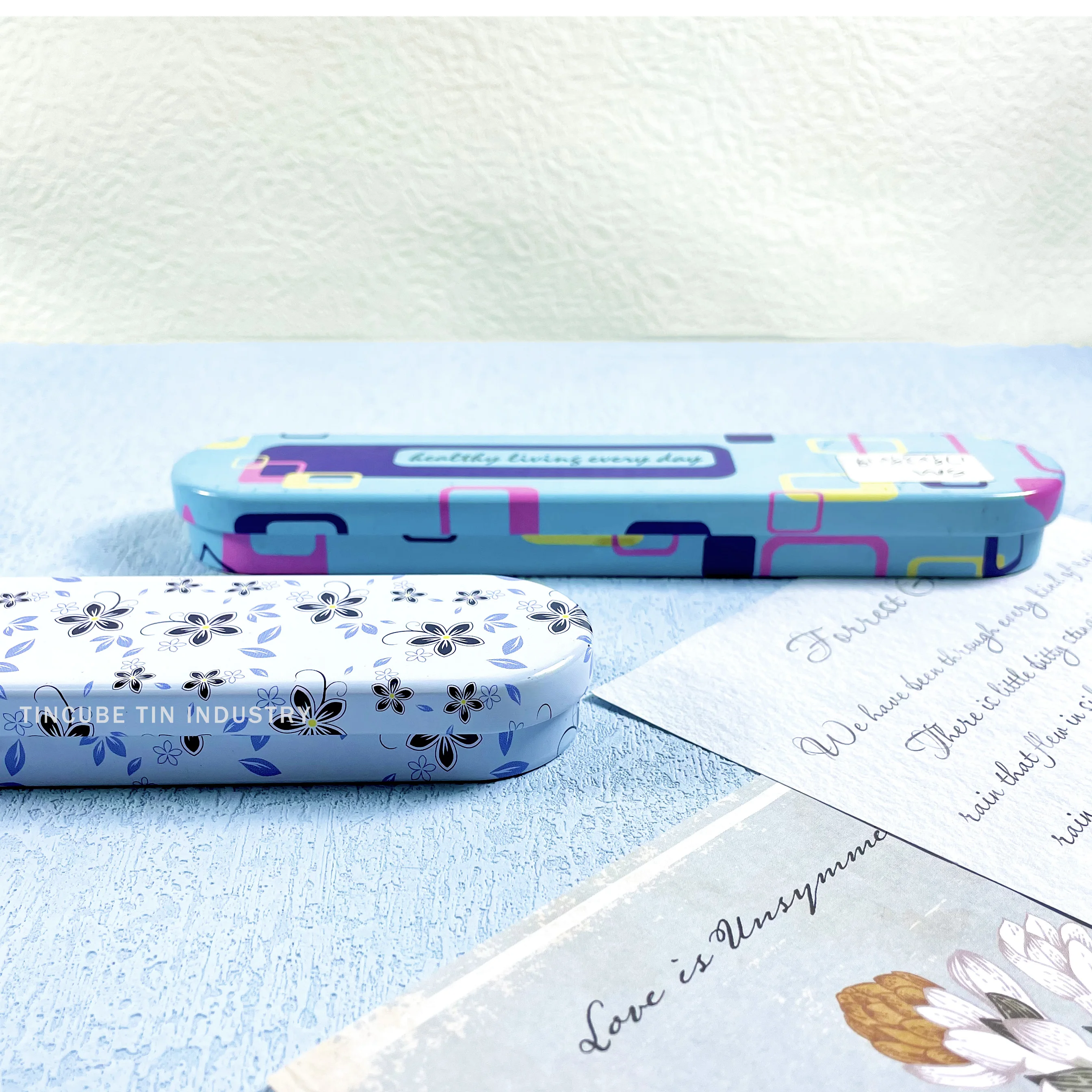 Custom metal pencil case stationary tin box small rectangular tinplate box with hinge