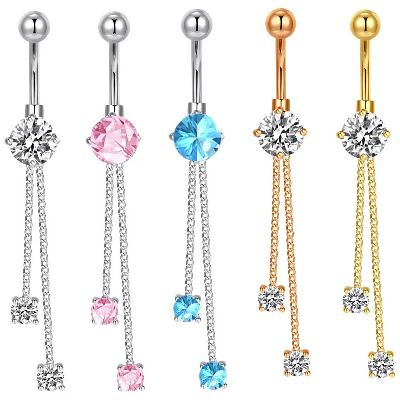 NUORO Brass Lod Tassel Chain Belly Button Ring Piercing Jewelry Pave Zircon Pendant Navel Nail