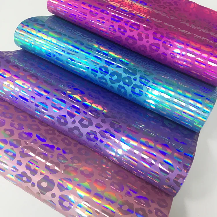 leopard pattern Metallic Holographic Reflective Pu Synthetic Faux Leather For Bags/shoes Making