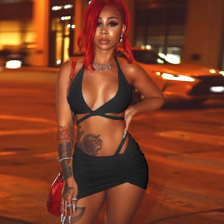 Nibber K21S01875 2021 Летний Новый однотонный облегающий сексуальный корсет с открытой спиной, короткий топ и трусики, юбка, пляжный комплект для женщин