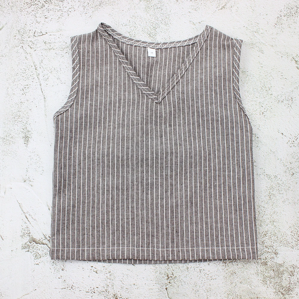 
New collection customized design linen striped boy shirt children clothing V-neck baby sleeveless tops 