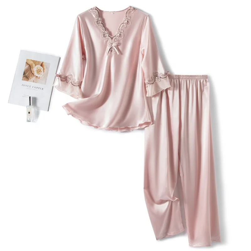 2024 Hot selling  Luxurious Silk Women Pajamas Set for Summer Night  Plain Color Satin Sleepwear For Women