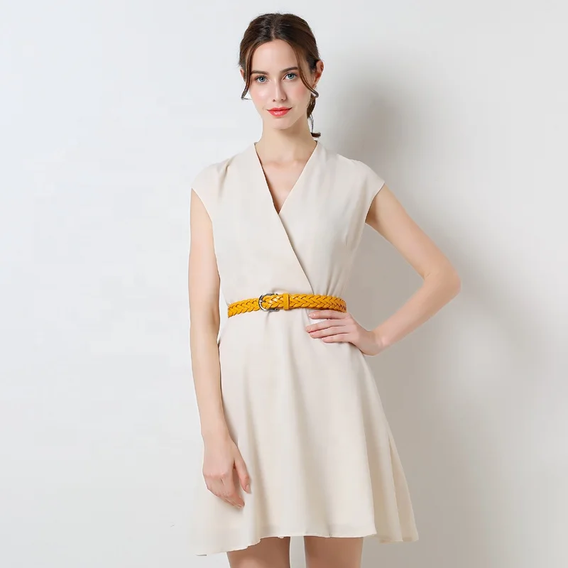 Stainless buckle Slim full grain Leather belt for clothing Candy Color Woven Braided leather lady Belt Custom Color