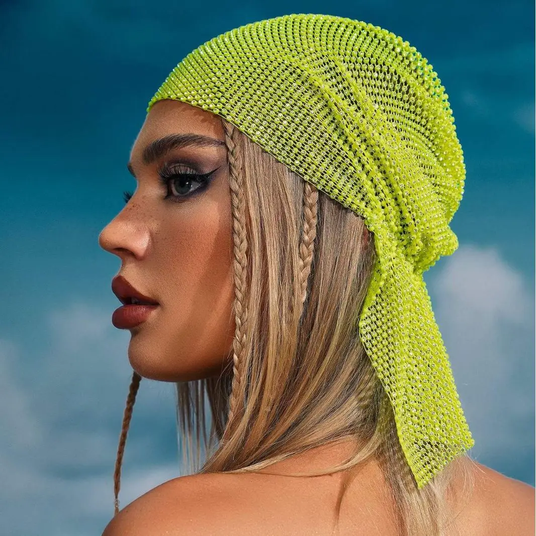 Outdoor Bling Veil Hat Mesh Headband Fashion Crystal Nightclub Party Women Girls Fishnet  Rhinestones Bandana Rave Accessories