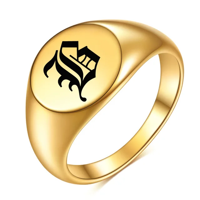 Punk Finger Jewelry Gold Plated Stainless Steel Signet Letter  Customize Initial Stamp Ring