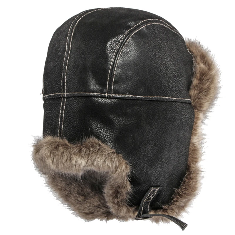 New Fashion Mens PU Leather Winter Thick Warm Pilot Russian Style Aviator Trooper Hats with Ear Flap