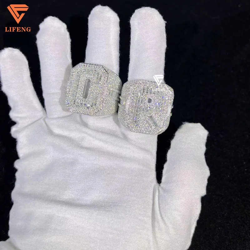 Luxury jewelry trendy ring 925 sterling silver iced out D VVS moissanite engagement ring custom hip hop logo letter ring for men