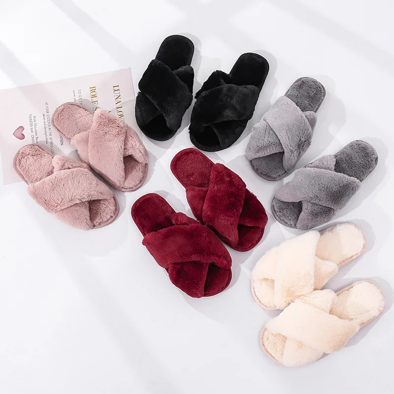 Wholesale Winter Women Warm Faux Fur Home Slippers Ladies Cross Soft Plush Fur Open Toe Shoes Fashion Woman Slides