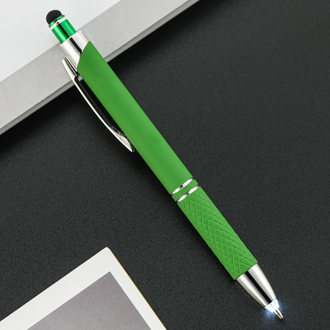 BECOL High End Stylus Ballpoint Pen Rubber Coated Custom Logo Metal Ball Pen With Light Led Tip for Write In Dark Pen