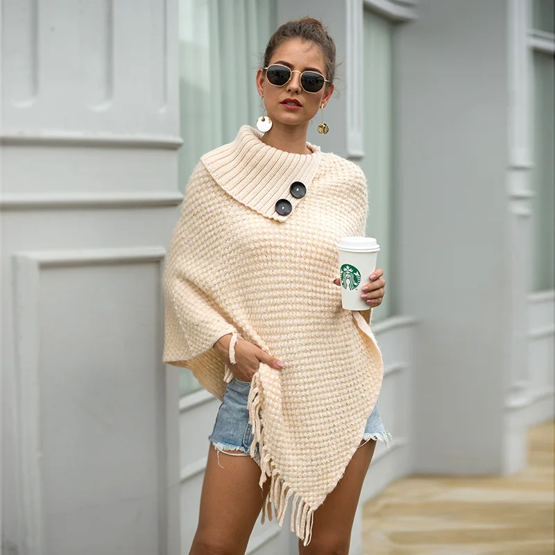 
2021 New design Half open collar solid color tassel pullover ladies sweater shawls 