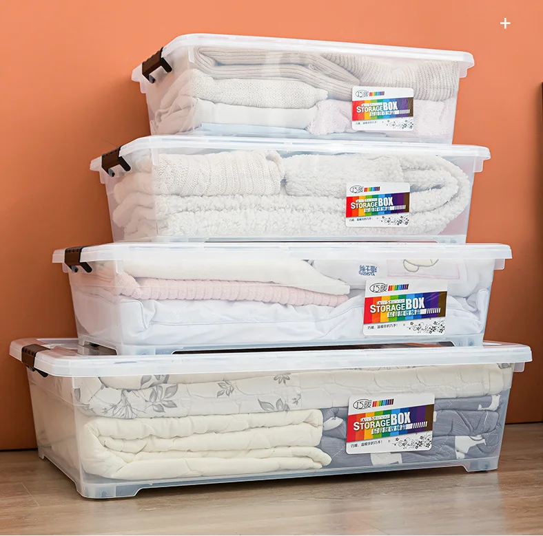 New patented product  transparent plastic four wheels clothes storage box with lid