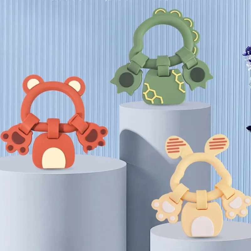 New Bpa Free Baby Silicone Teething Bracelets Key Teething Sticks Food Grade Silicone Dinosaur Rabbit Bunny Teether Baby Toys