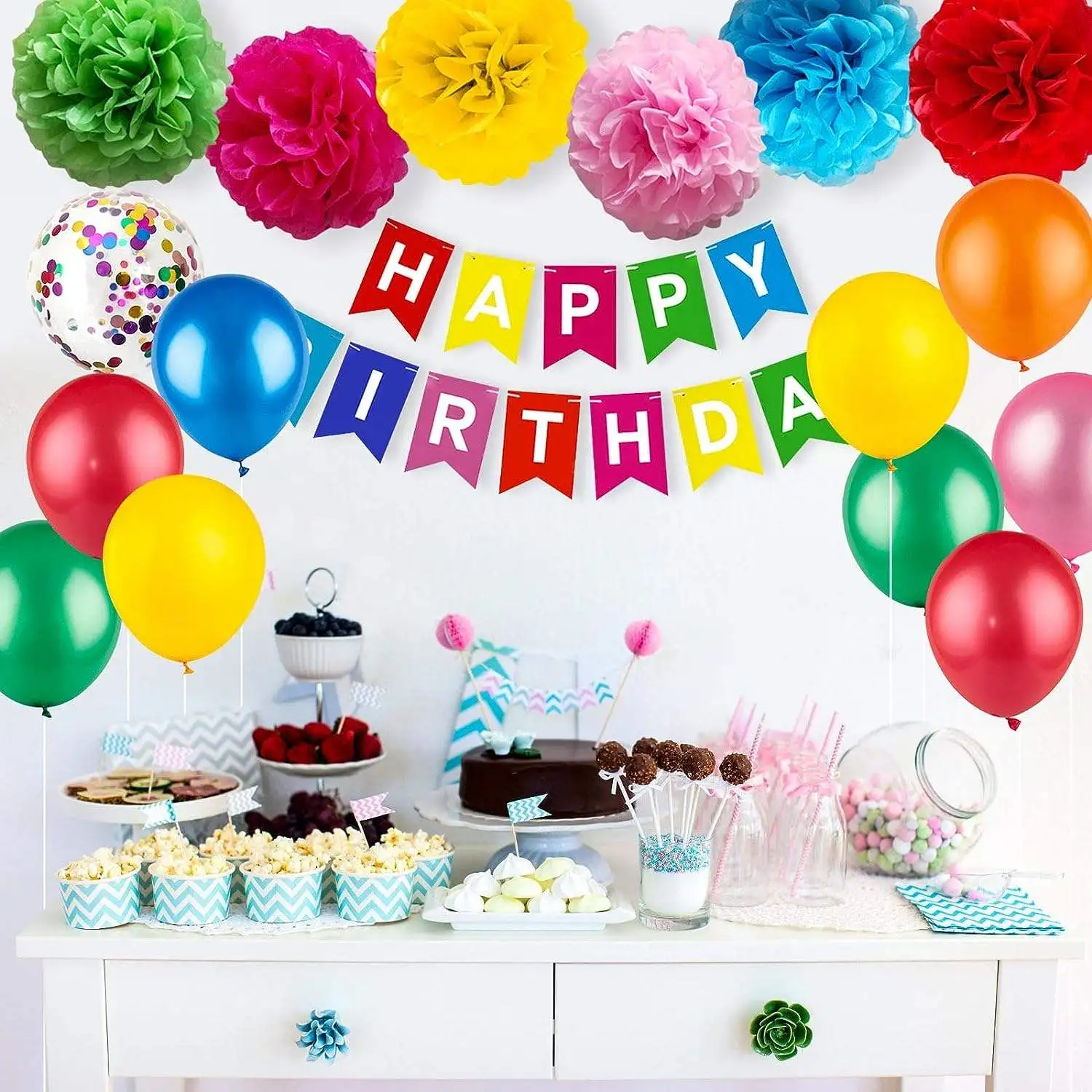 Colorful Latex Balloon Birthday Banner with Hanging Swirls Paper Garland Cake Topper for Baby Shower Party Decorations
