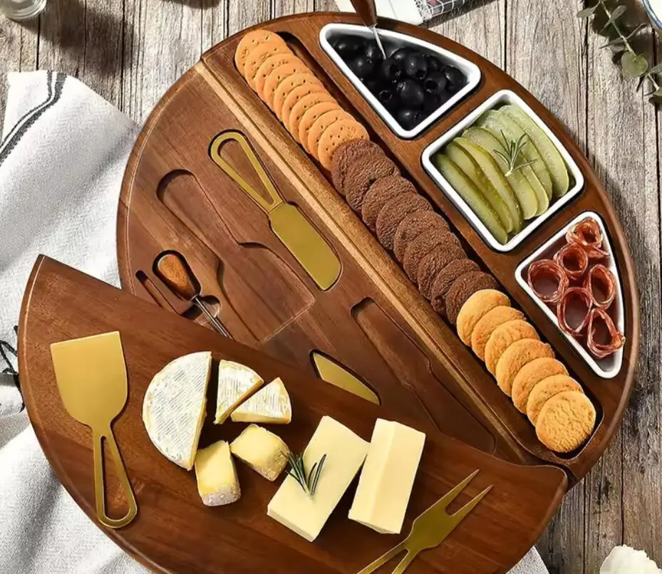 Bamboo Cheese Board and Knife Set Deluxe Acacia Wood Cheese Charcuterie Board with Cheese Tool Knife Accessories
