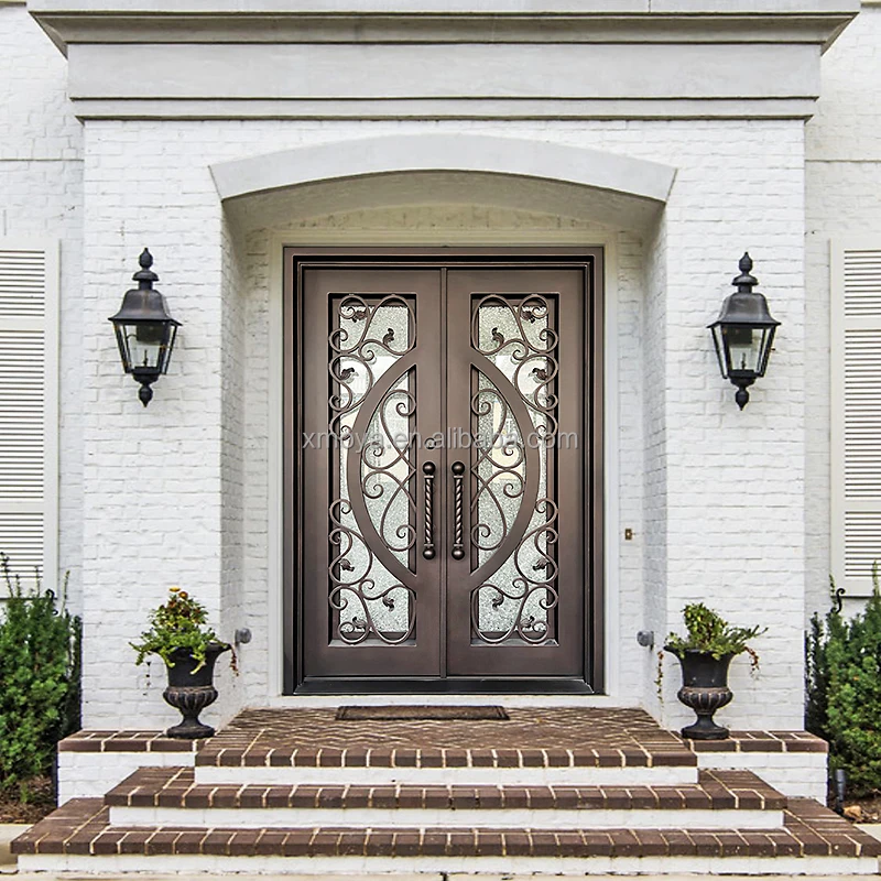 Wrought Iron Double Entry Door With Arctic Glass Window Decorative Metal Custom Steel Security Frame for Houses