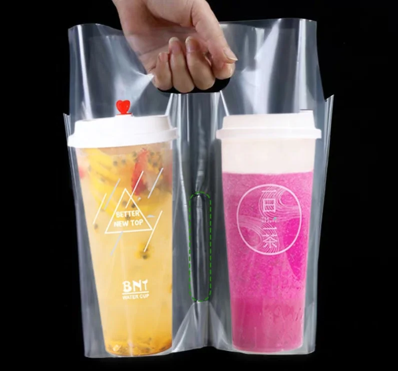 Biodegradable Hand Bags Disposable Bubble Tea Cup Holder Bag Corn Starch Plastic Bag Compostable