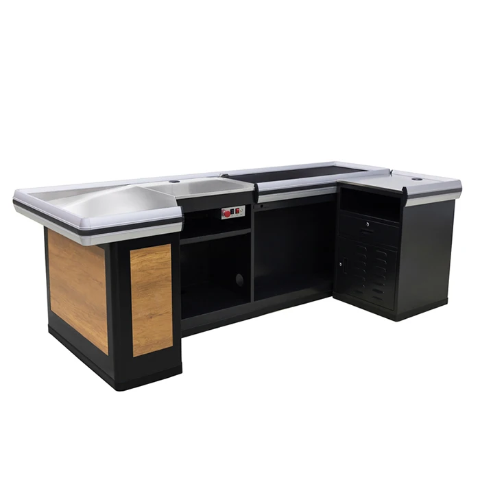 Retail shop cashier counter stainless steel checkout counter with conveyor belt