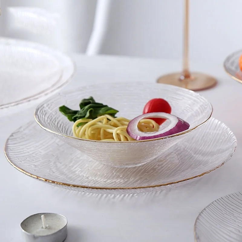 Creative Gold Rimmed Glass Plate European Household Salad Dessert Bowl Dream Western Tableware Set Glass Tableware Set