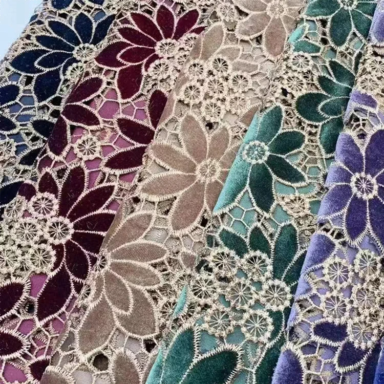 Guipure velvet Laser cord embroidered fabric dress Flower Design with green red qipao embroidered lace fabric