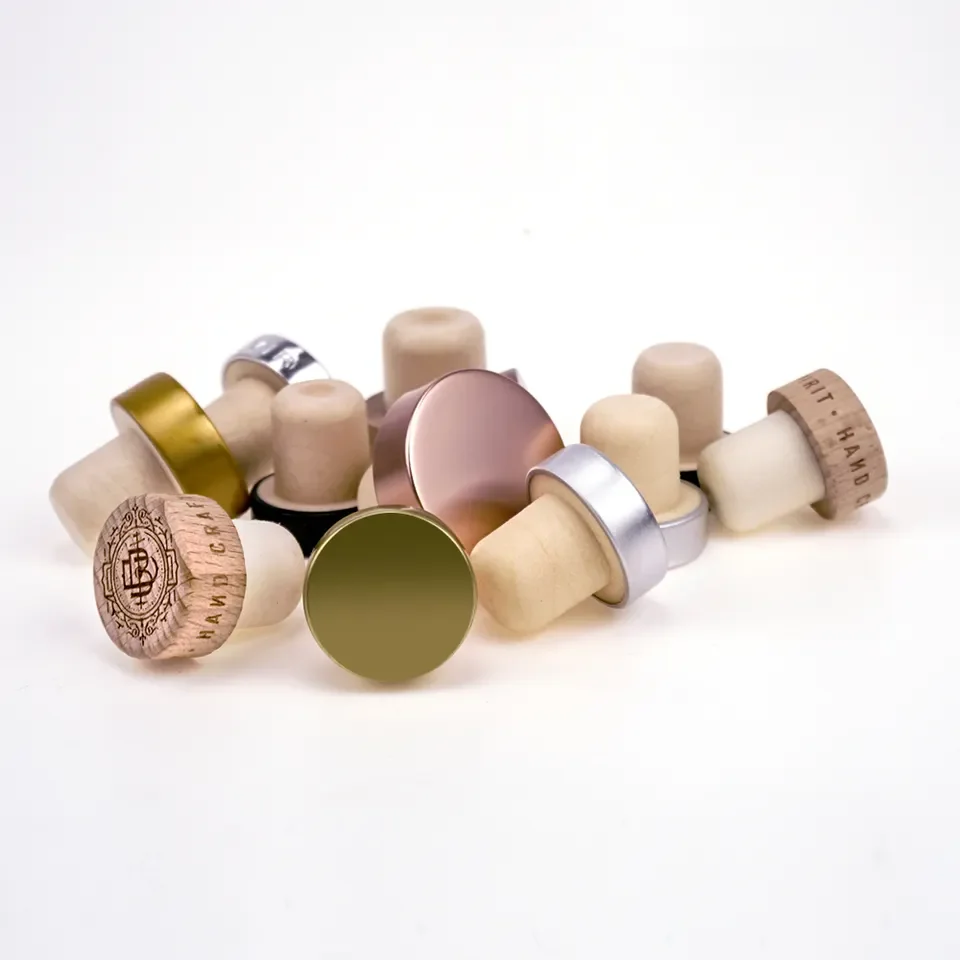 Custom Laser Engraving Logo Champagne Wooden Bar Top Cap T shape Synthetic Black Cork Bottle Stopper