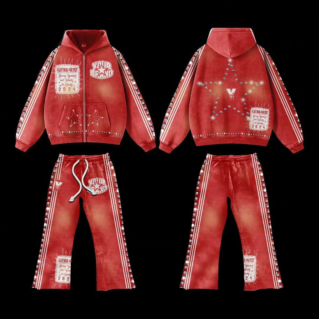 Big Size Baggy Rhinestone Custom Acid Wash Sublimation Sports Cropped Hoodie Set Two Piece Set Jogging Tracksuit For Men