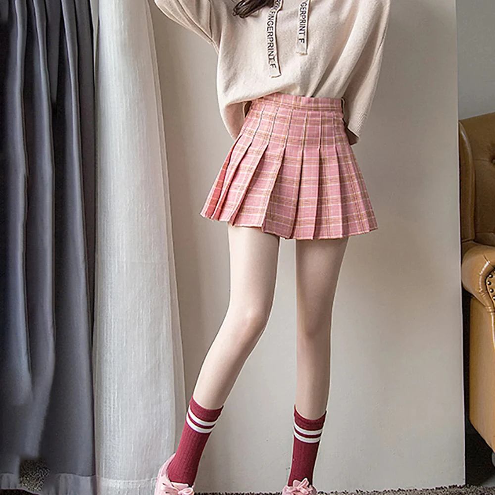 High Waist Stitching Student Pleated Skirts Women Plaid Cute Sweet Girls Mini Uniform Tennis Skirt