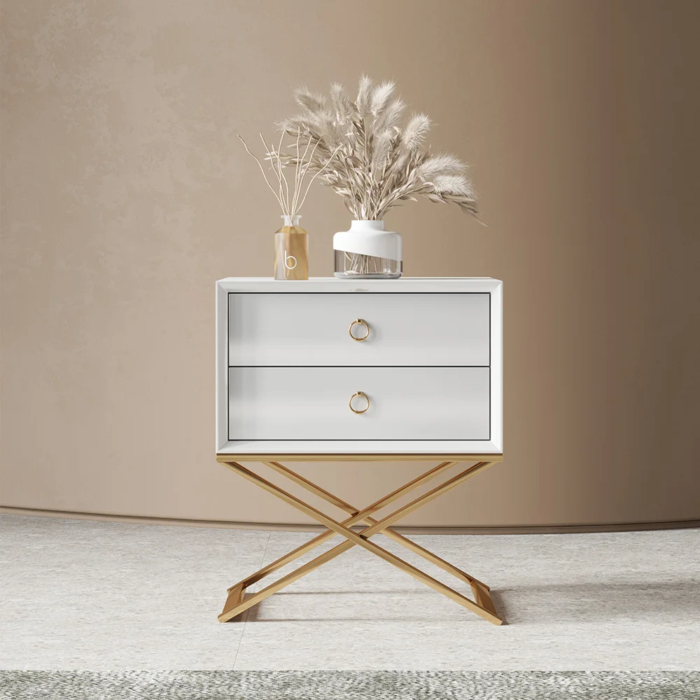 Luxury Italian Modern Gold Stainless Steel White Bedside Table Nightstands Side Tables Cabinet Hotel Villa Bedroom Furniture