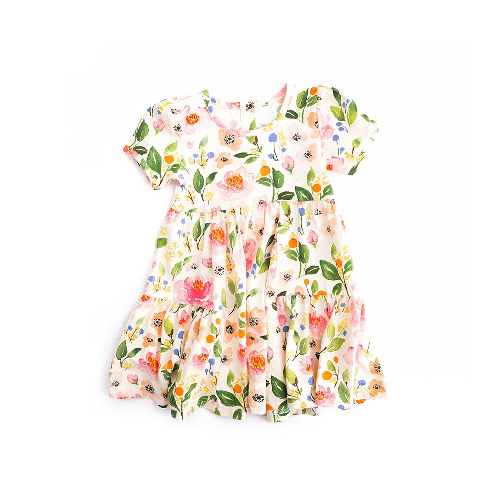 Dresses Clothing Fashion Baby Girl Dress Summer Floral Dress for Girls Children Jersey Short Sleeve OEM Service Plain Dyed Sweet