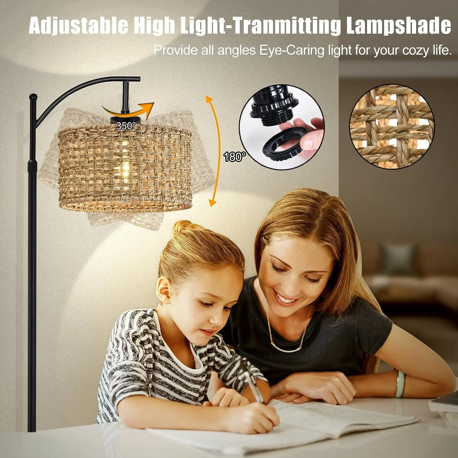 Boho Rattan Arc Standing Lamp With Remote Adjustable Industrial Floor Lamps Bohemian Decor for Living Room