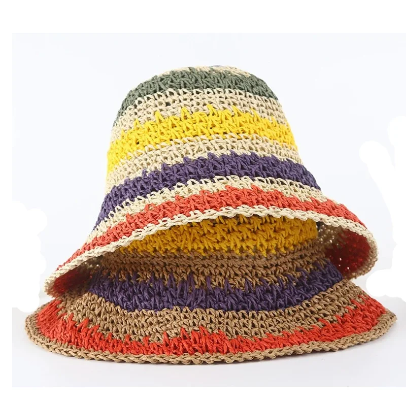 Foldable Wide Brim Colorful Crochet Straw Hat Summer Holiday Vacation Crochet Bucket Hat