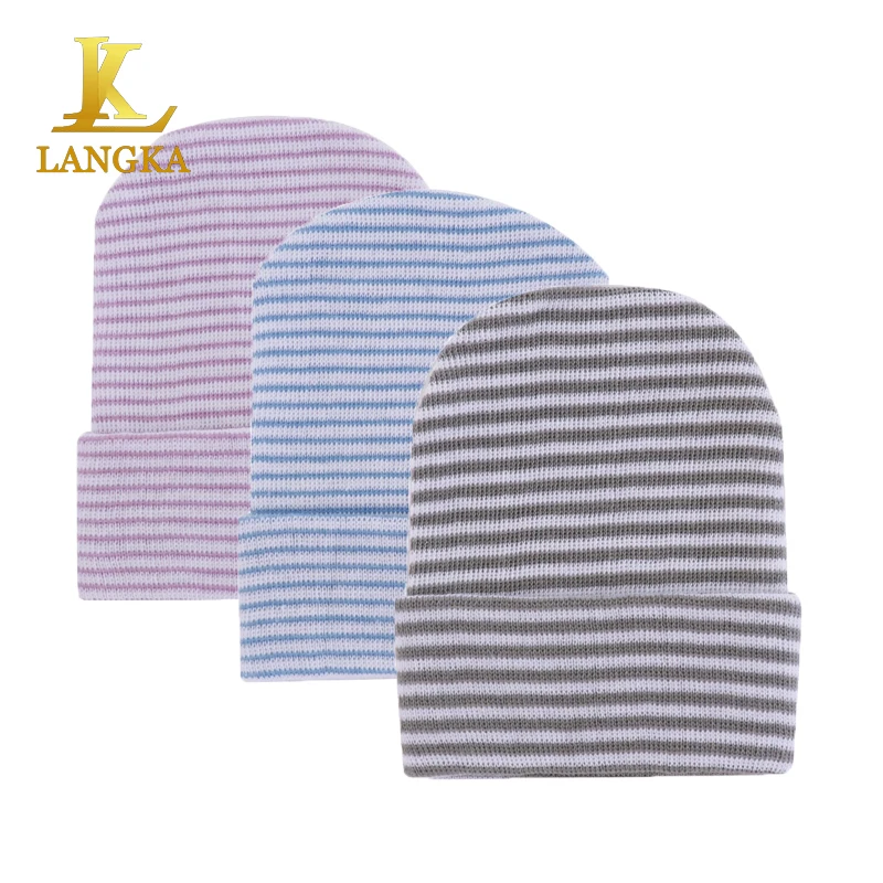 Langka warm knitted winter beanie cap 0-6 months newborn baby cotton striped hat for boys girls
