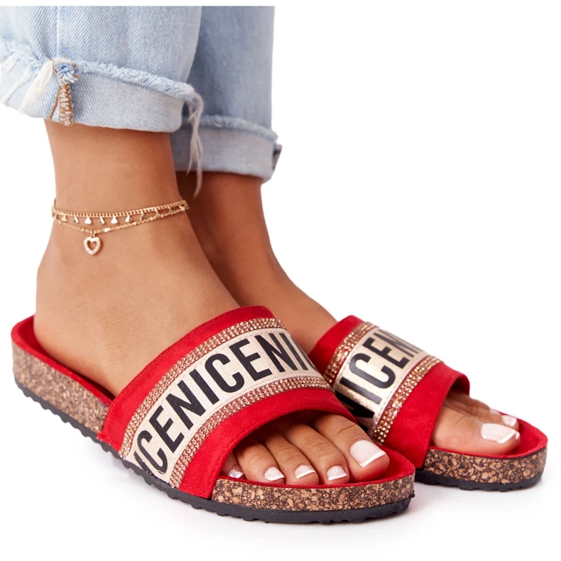 Изготовленные на заказ красные замшевые сандалии со стразами для женщин низкий минимальный заказ Shopify оптовые женские тапочки сандалии пробковая обувь сандалии OEM