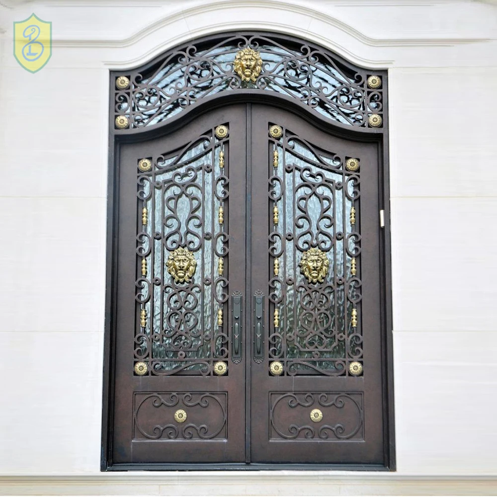 Fancy American Wrought Iron Double Door Iron Pipe Door Design Security Steel Entry Main Front Door For Villa