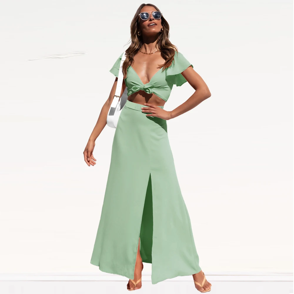 2022 spring and summer suits casual beach chiffon tops straight slit skirts fashionable new suits women dress