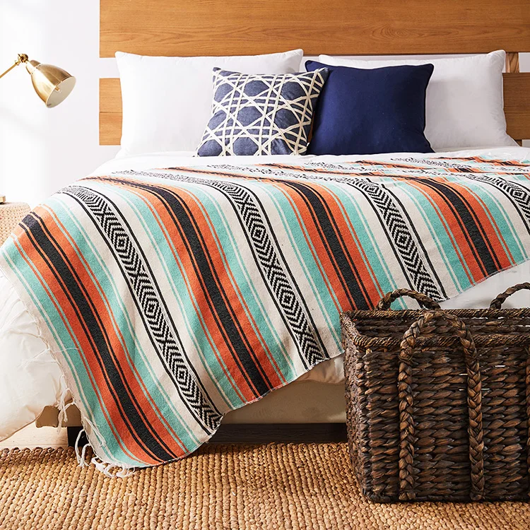 Wholesale Handmade Traditional Woven Mexican Colorful Cotton Picnic Couch Blanket For Seat Cover