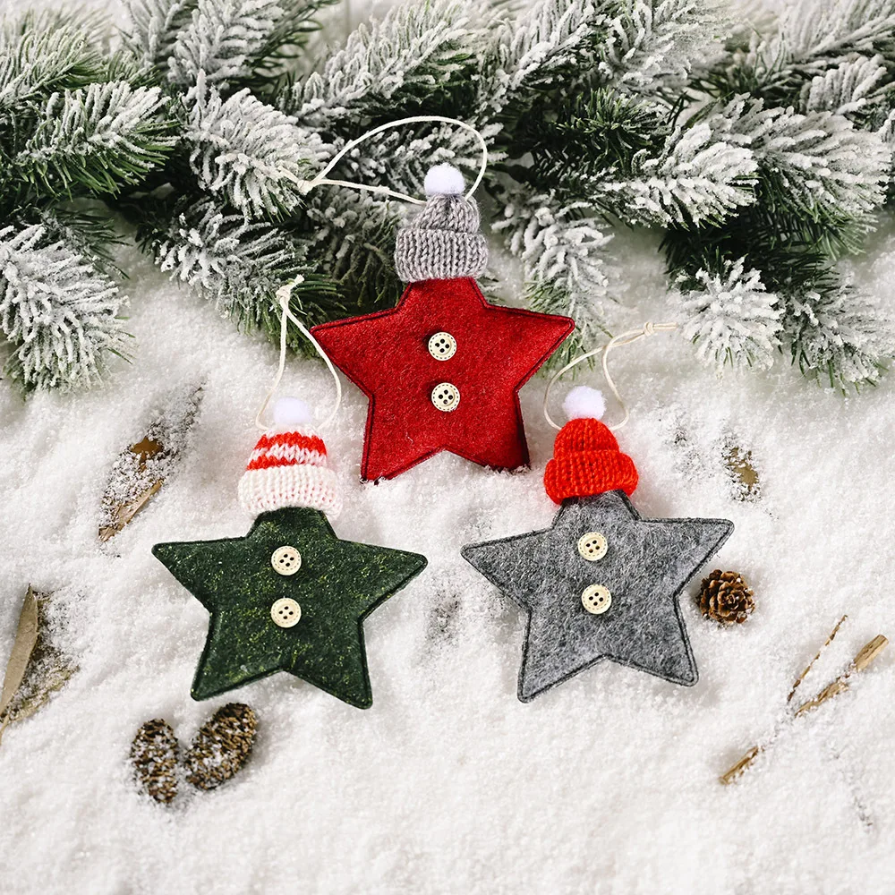 Knitted Hat Five-pointed Star Pendant Creative New Red Tree Christmas Felt Pendant Children DIY Handmade Felt Xmas Decoration