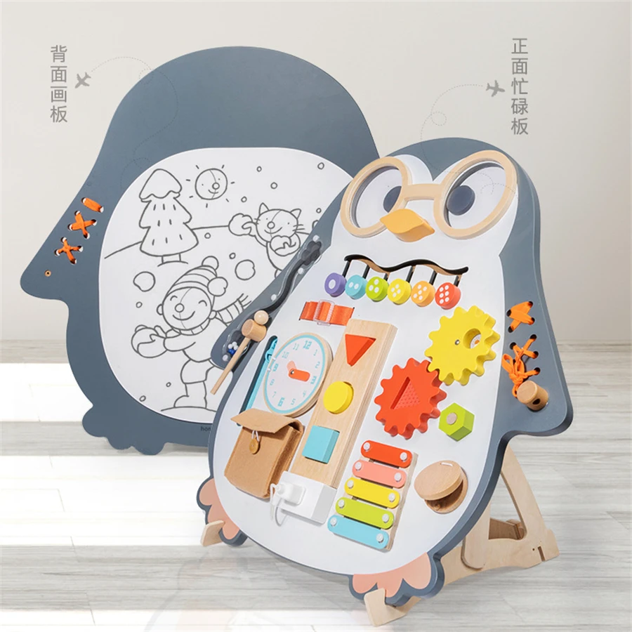 2312 Wooden Penguin Double Sided Busy Board Wooden Kids Educational Toys