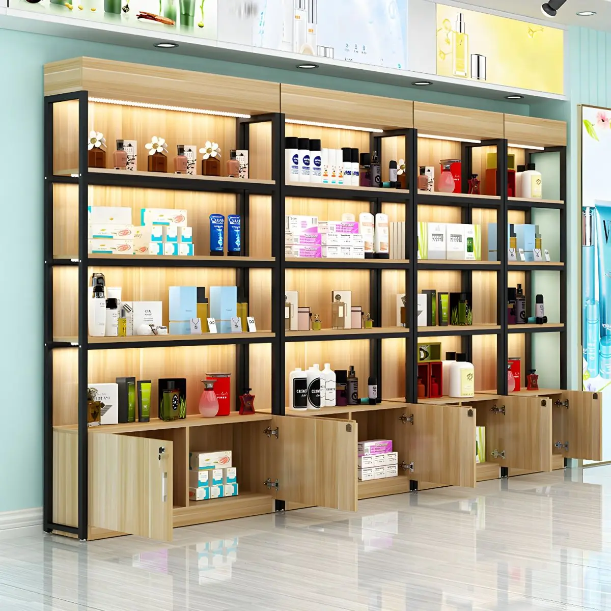 custom Supermarket wooden retail display shelving and metal cosmetic convenience grocery display cabinet stand for store